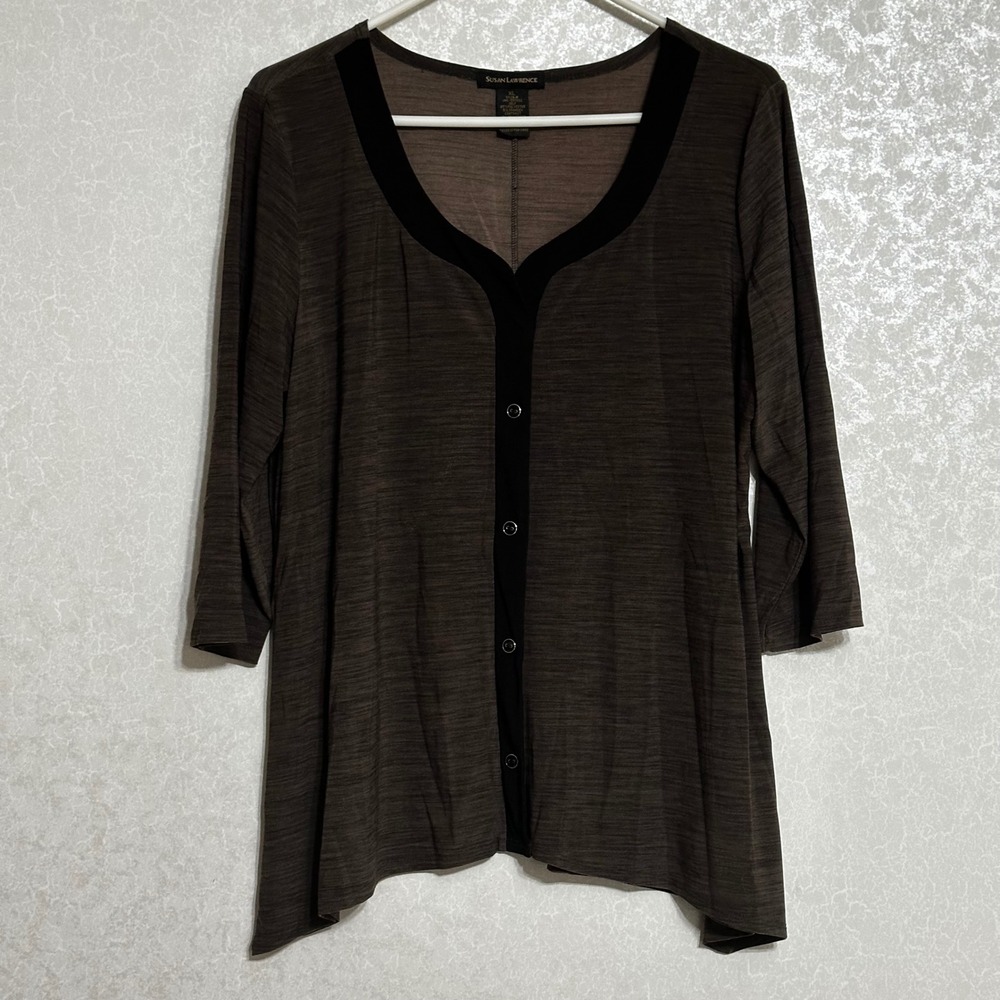 Susan Lawrence Brown Button Front 3/4 Sleeve Tunic Top Black Trim Casual XL